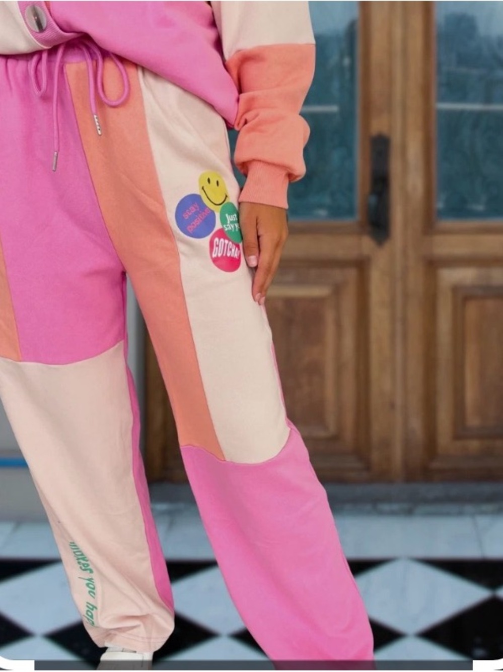 Easel Patchwork Smiley Face Joggers Pink Peach Cream Boho Terry Knit Pants
